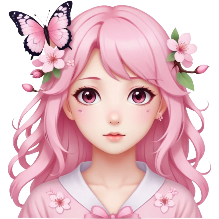 A Gorgeous Beautiful Anime Lady Sakura Cherry Blossom and Pretty Hair, pastelcore aesthetic, pastel pink and white, butterfly, Fairycore emoji