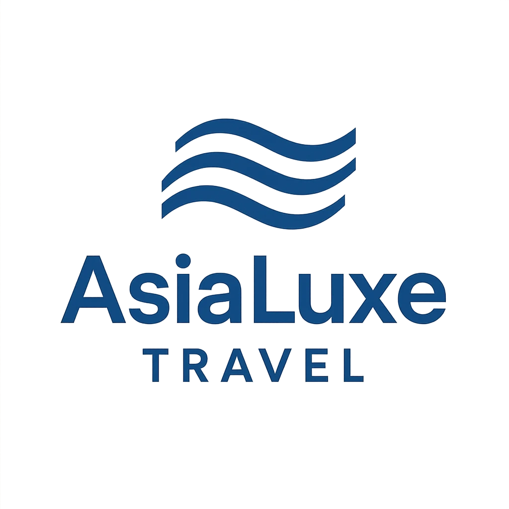 modern logo for AsiaLuxe Travel with blue wavy lines and clean typography, inspired by branding emoji