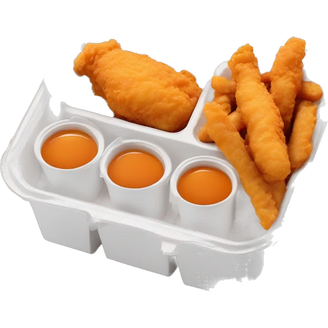 3 chicken tenders with crinkle fries and orange sauce on the side in a styrofoam container styrofoam container emoji