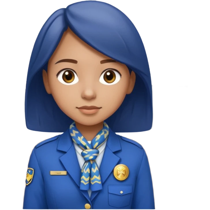 Young girl, straight hair, wearing uniform jacket with hotel name badge, tasteful scarf, stand behind the desk

 emoji