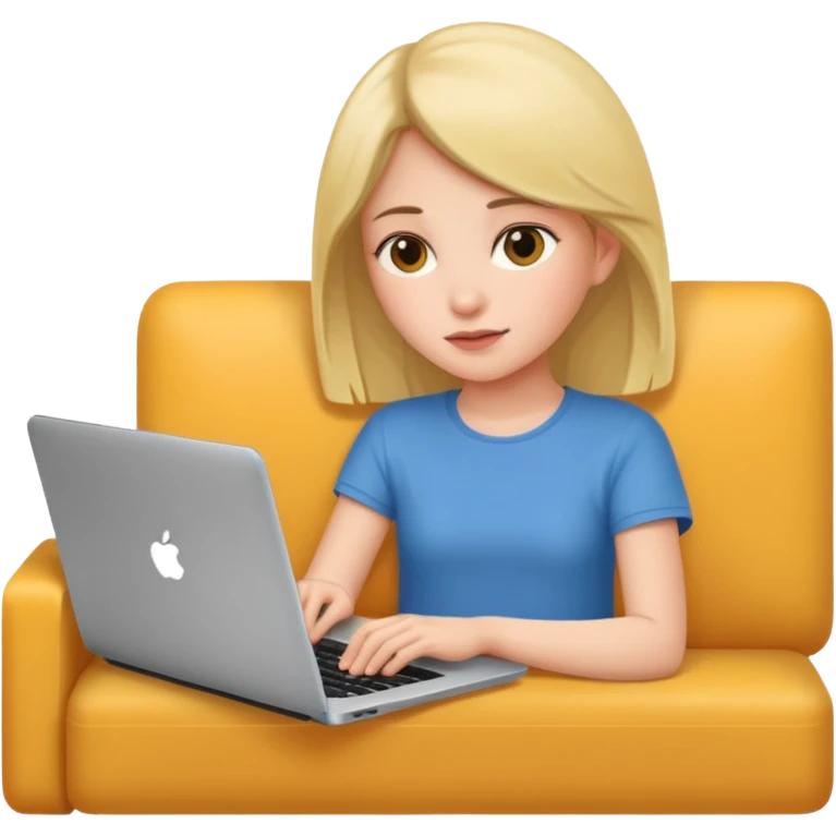 A girl is working with a laptop while lying on the sofa emoji