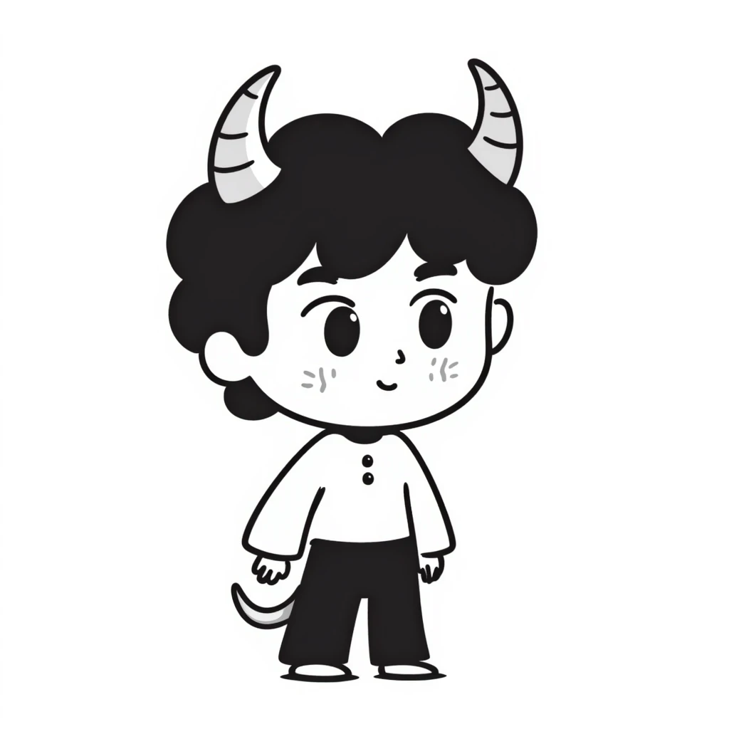 hand-drawn chibi demon with big head, tiny body, cute horns and mischievous smile emoji