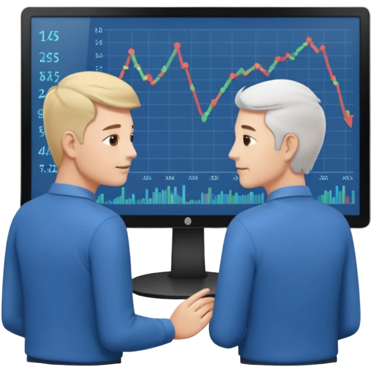 teaching somebody else in person, in the same place, watching the same monitor together, the trainee and trainer are in the similar age, two both are men, the monitor should be showing some data graphs  emoji
