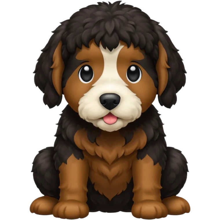 A black Bernedoodle squatting with poop below emoji