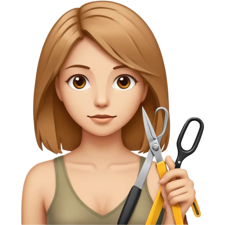 Mujer con cabello a la altura de hombros, cabello color chocolate claro, con tijeras y cinta de medir  emoji