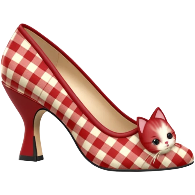 Cottagecore deep red and cream Gingham plaid kitten heels, 3D rendering, isolated, side view. Not emoji icons, no emoji faces, no human figures, 300 dpi, professional 4k hd quailty  emoji