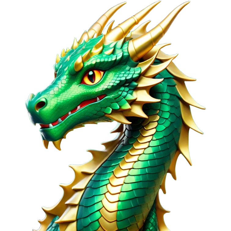 Cinematic Noble Dragon Portrait Emoji, Poised and majestic, with a sinuous, elongated build and shimmering, scale-covered skin in hues of emerald and gold, piercing, fiery eyes, Simplified yet sharp and sophisticated features, highly detailed, glowing with a mystical, radiant glow, high shine, intelligent and formidable, stylized with an air of ancient power, focused and attentive, soft glowing outline, capturing the essence of a watchful and legendary dragon that feels as though it could soar out of the screen with effortless authority! emoji