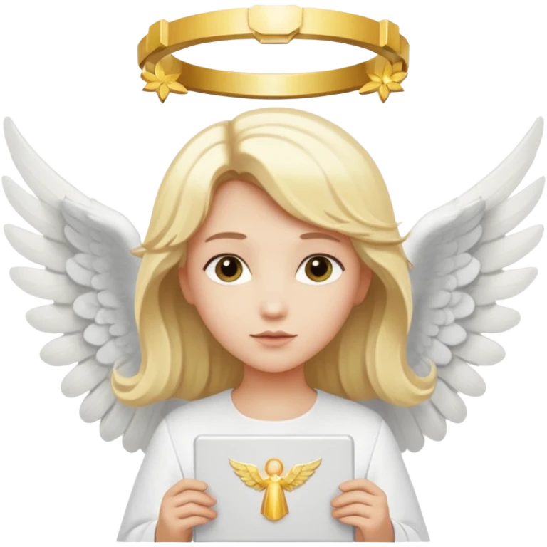 "An angel emoji with blonde hair, a halo, wings, holding a 'COMPARTILHAR' sign in bold letters." emoji