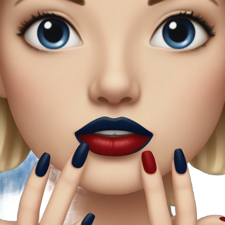 long dark blue manicure at the mouth with red lipstick emoji