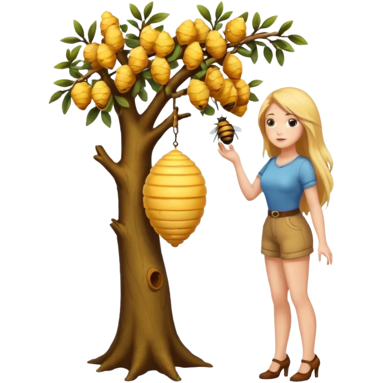 A full body naked women looking at a beehive hanging by a branch from a tree emoji