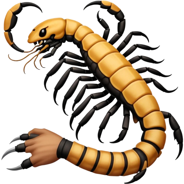 A 3D cartoon scorpion tattoo on a forearm, black ink, detailed stinger and claws, soft lighting, Memoji-style realism. emoji