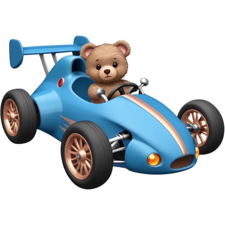 dark crystal blue and rosegold-accented rc racing car driven by a small cute fearless teddy baby bear with rear spoiler, roll bar, and wheely bar emoji
