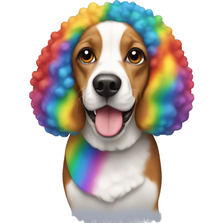Beagle with a curly Afro rainbow clown wig emoji