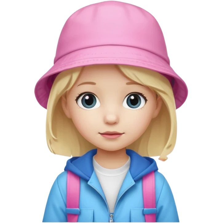 A little girl student white skin, blonde hair, with pink bucket hat, white jacket, blue backpack emoji