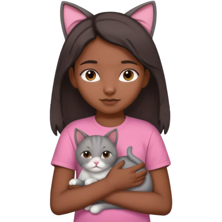 An Indian teenager girl with a pink t-shirt holding her gray cat with folded ears emoji