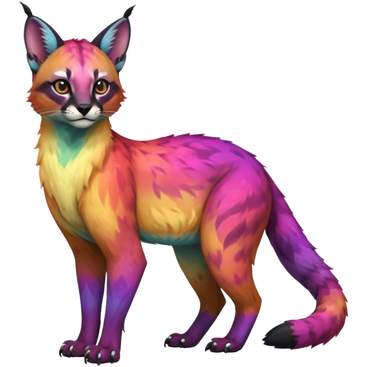 Realistic Colorful pale nebula gradients-colored randomly-colored fruity glorious exotic neon vibrant zigzagged fantasy-caracal-civet-genet-sergal-vernid-Gryphon-Cacomistle-Trico-oncilla-animal-Fakémon-hybrid-fursona (full body), facial markings, (realism style) emoji