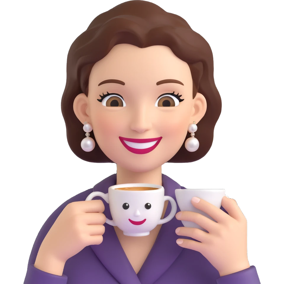 espresso cup with a lady's face, pearl earrings, smiling, holding a tiny purse emoji