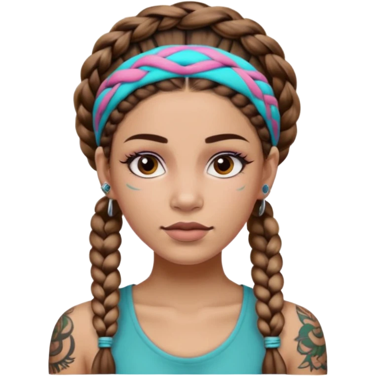 big lose braids starting from the top of the head woman face wiith big visible braids and mono color headband on head  face and braids as big as headband and lots and lots of face tattoos colored tattoos like a tattoo artist hair different color emoji