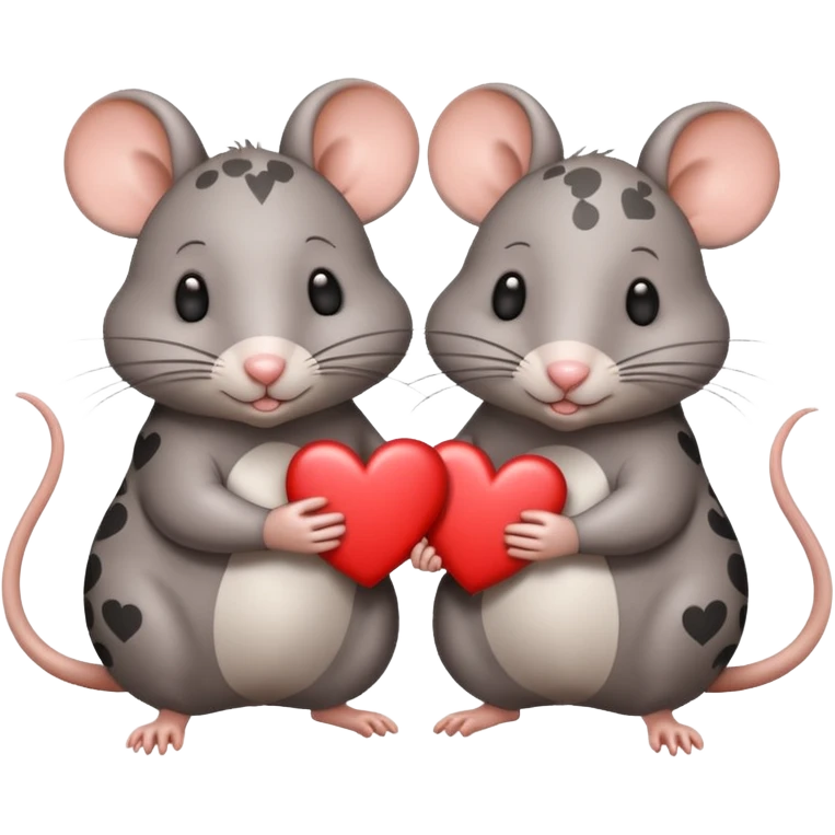 two fat little rats holding hearts one grey with white spots the other rat warm brownn emoji