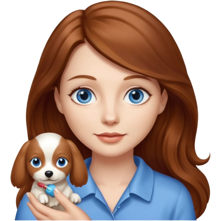 long hair chestnut color blue eyes woman holding small cream dog emoji