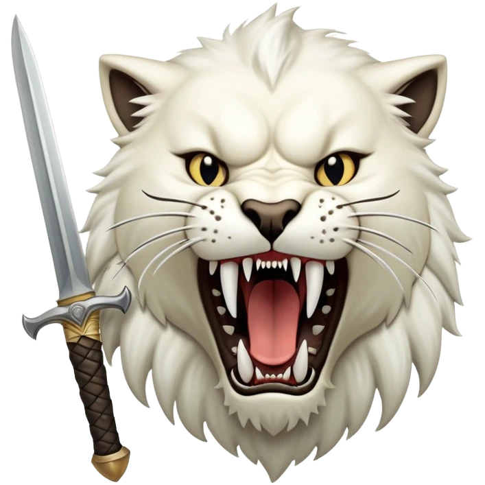 saber-toothed cat with absurdly long, sword-like canine teeth that are longer than its entire head, comically exaggerated fangs emoji