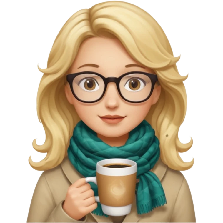 a girl drink with blonde wavy hair, wearing glasses, having scarf, drink coffee emoji