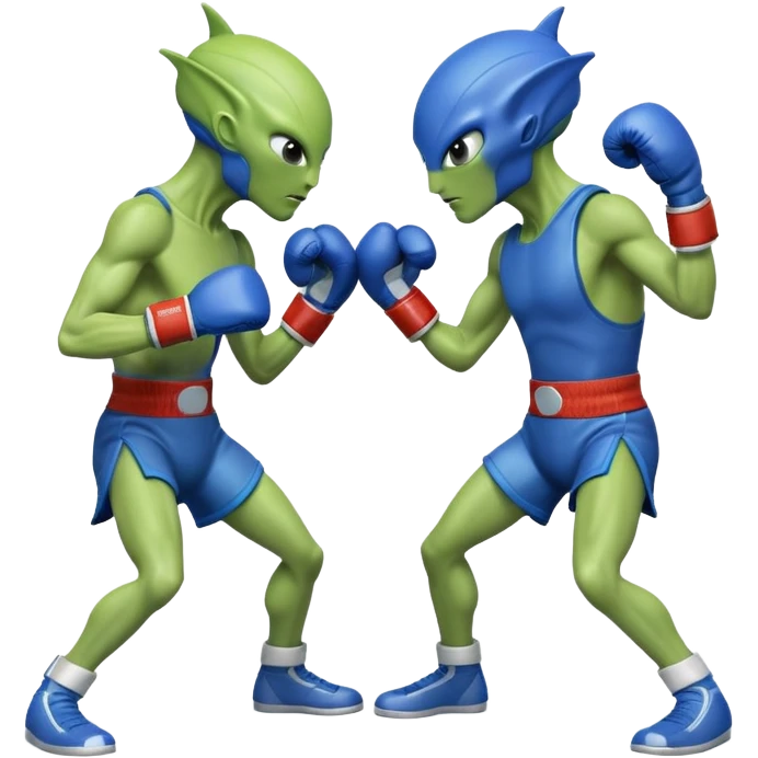 two aliens boxing in a fight stance, facing each other with raised gloves, dynamic action pose, intense expressions, sci-fi arena vibe, 3D cartoon style, mobile game icon style, clean background, no text, no watermark
 emoji