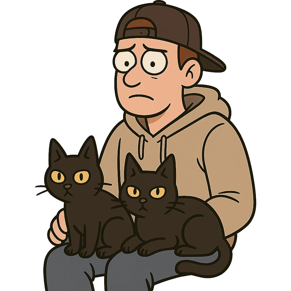guy with a cap and hoodie, two black cats on his lap emoji