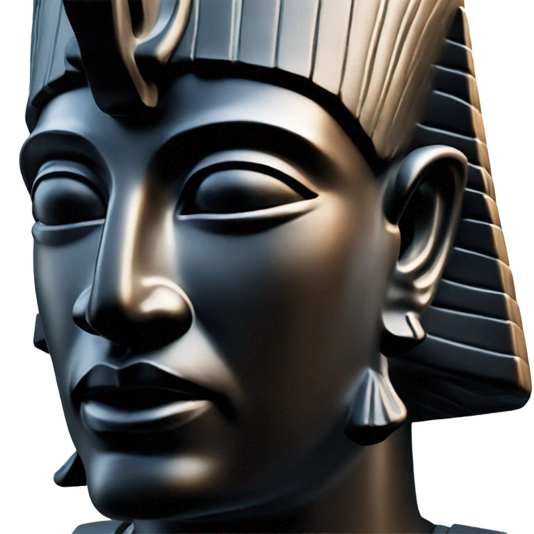 Osiris obsidian statue on granite 30 ton brick, massive size, sunlight behind, sunset colors, reflections on black stone polished clean perfect, photography angles emoji