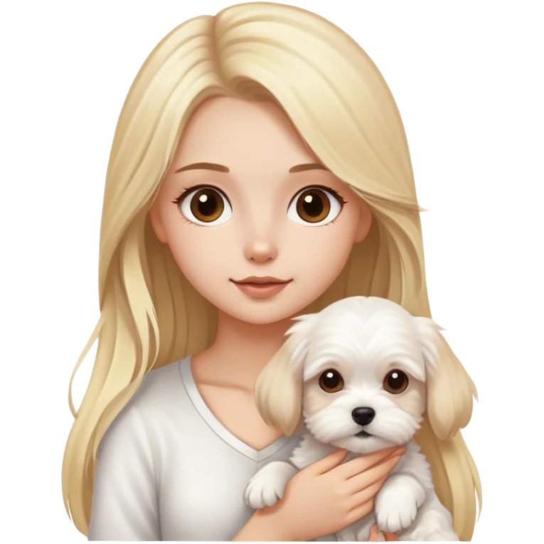 Blond long hair brown eyes girl with maltese puppy emoji