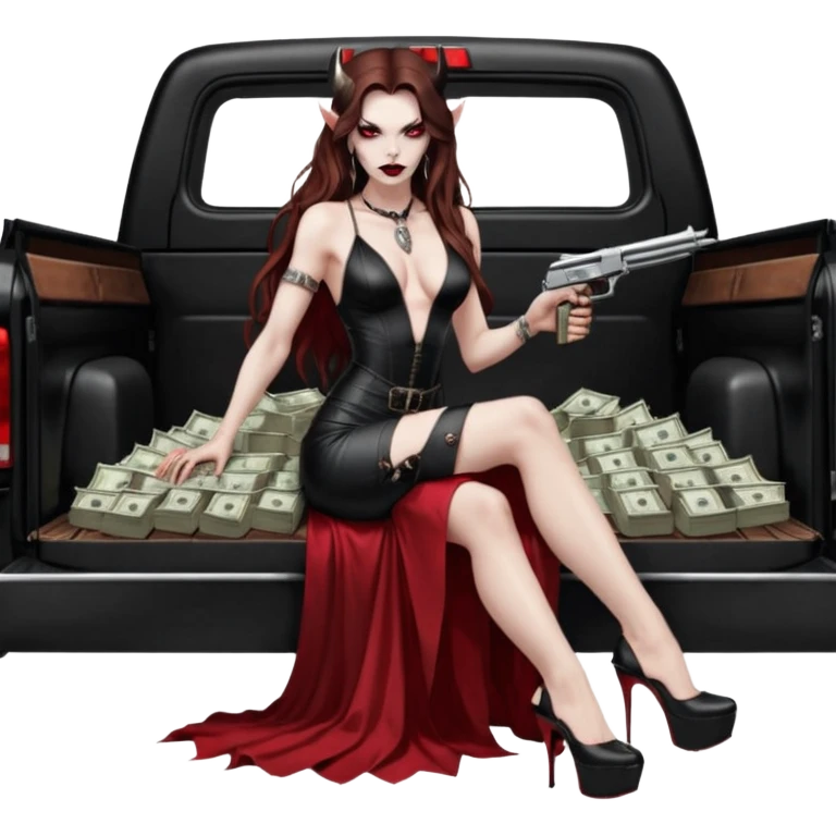 Lilith red eye seductress evil long brown haired sexy succubus woman with leather long dress with slit on, sitting in Big Large F350 pickup truck. Wearing super tall black platform high heels, Back seat full of stacks of cash, she is  Holding a human skull of her enemies and a gun in other hand emoji