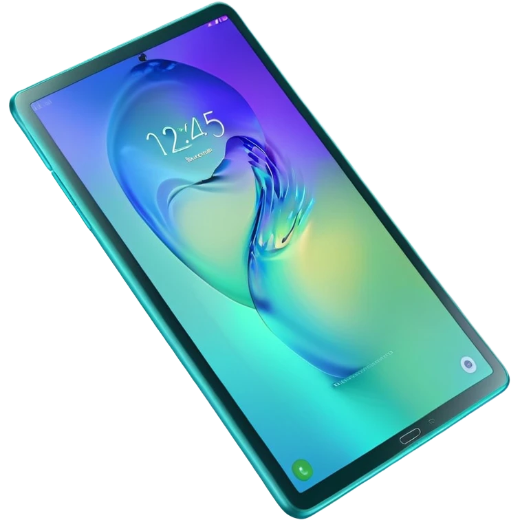 Detailed hyperrealistic Samsung galaxy 10 tablet, with a bright turquoise cover case that sparkles with lots of colors, 3d render, isolated, still life emoji