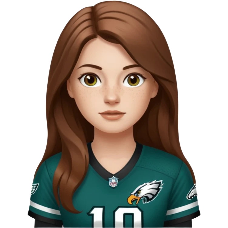 White girl with long milk chocolate brown hair parted down the middle and freckles wearring a Philadelphia eagles jersey emoji
