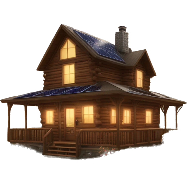 Skywalker Cabin is a very Very big Wood Cabin near tree on the mountain in the background. The cabin is 5 stories tall with extensive solar arrays on top. The cabin sits on thick grass fields. porch lights on ,guests on porch smoking ,flowers and bushes  emoji