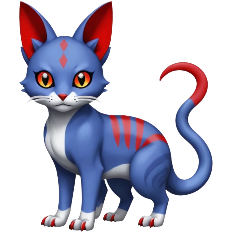 Dark-greyish-blue-grey-black, with red markings, white belly, scaley Bastet-Noibat-Gatomon-Digimon-Fakémon-Pokémon-creature (full body) emoji
