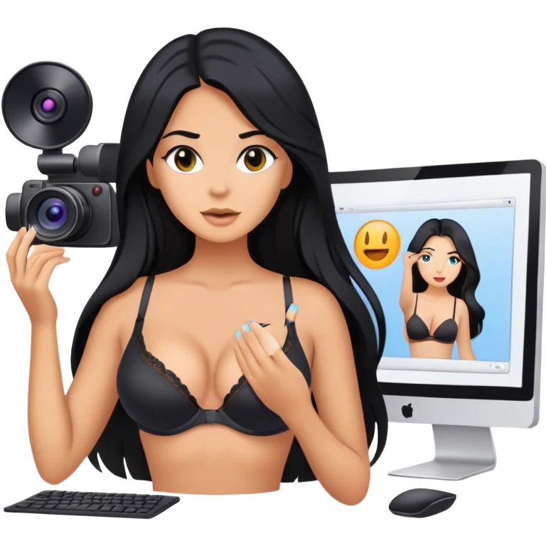 in front of the computer, camera filming, black long hair tanned woman, bra  emoji
