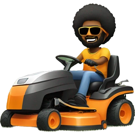 Black man with afro, beard and sunglasses pushing a lawnmower and listening to music with sun rising in background emoji