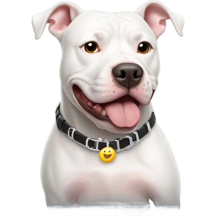 White pitbull with collar that spells out ice  emoji