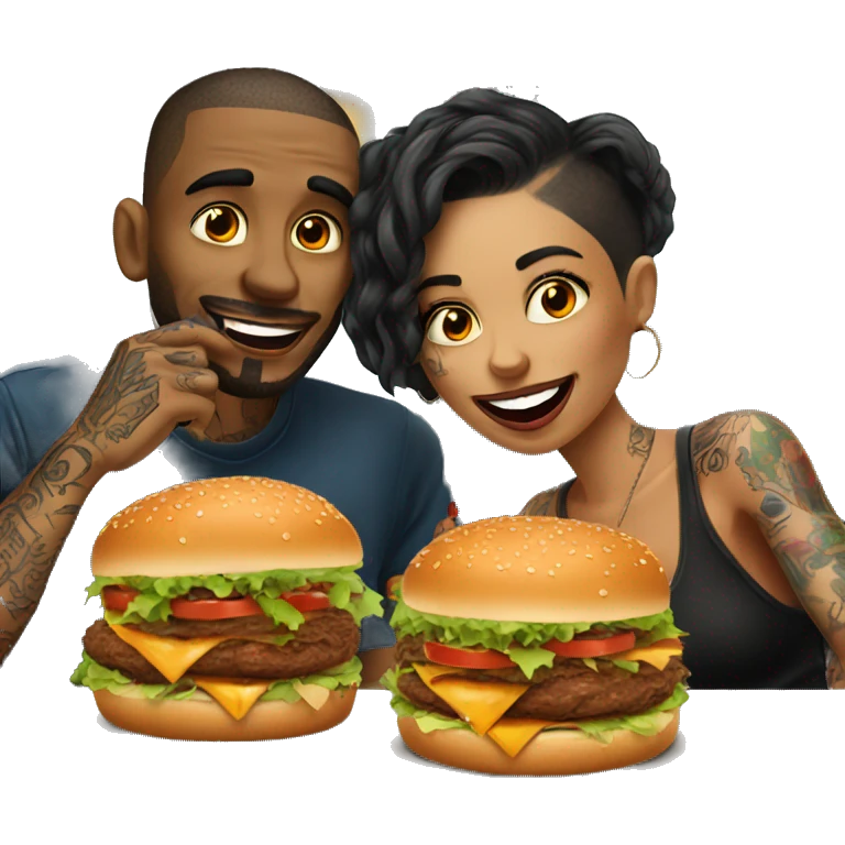 Beautiful tattooed couple eating burgers emoji