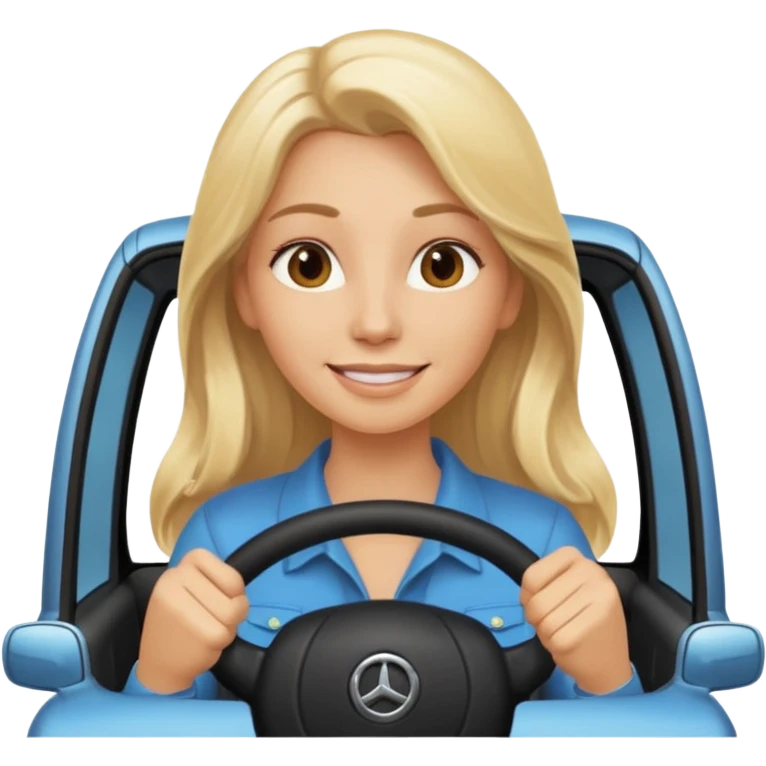 blonde long hair woman driving car. Happy face confidence emoji