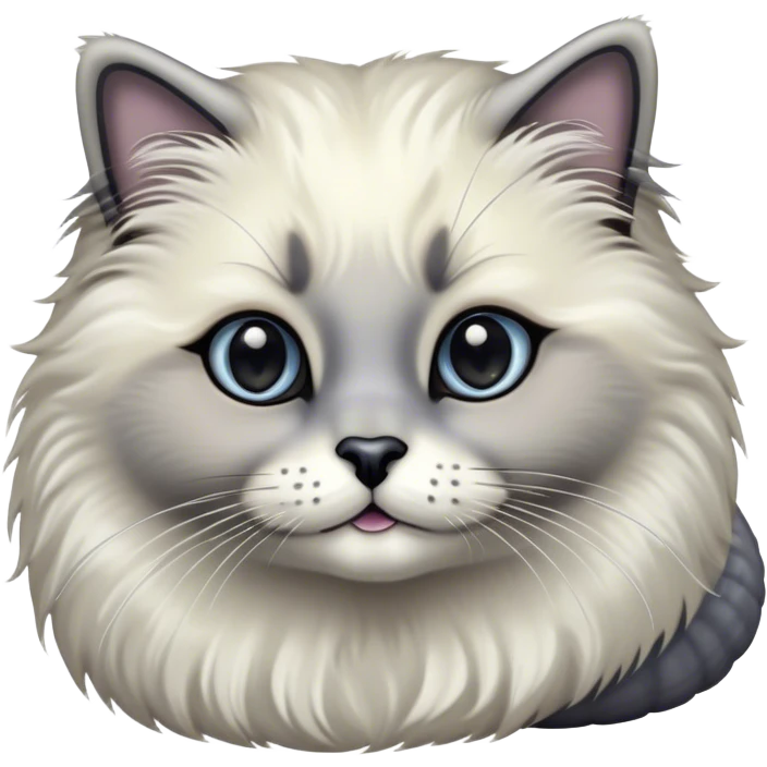 Cinematic Adorable Fluffy Grey Seal Ragdoll Cat Portrait Emoji, Head tilted cutely with big, sparkling eyes, soft grey fur with darker seal points on the ears, face, and paws, Simplified yet irresistibly adorable features, highly detailed, glowing with a soft, warm glow, high shine, affectionate and playful, stylized with a touch of whimsy, bright and endearing, soft glowing outline, capturing the essence of a curious and loving kitten, so cute it feels like it could leap out of the screen and snuggle up for a cuddle! emoji