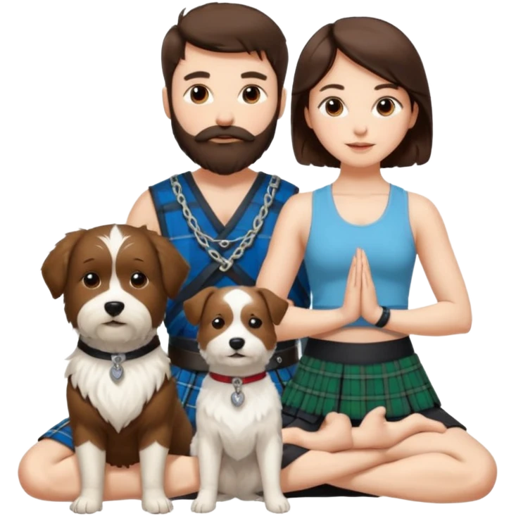 emoji of brunette man with beard wearing kilt, brunette woman in yoga outfit and one white fluffy dog emoji