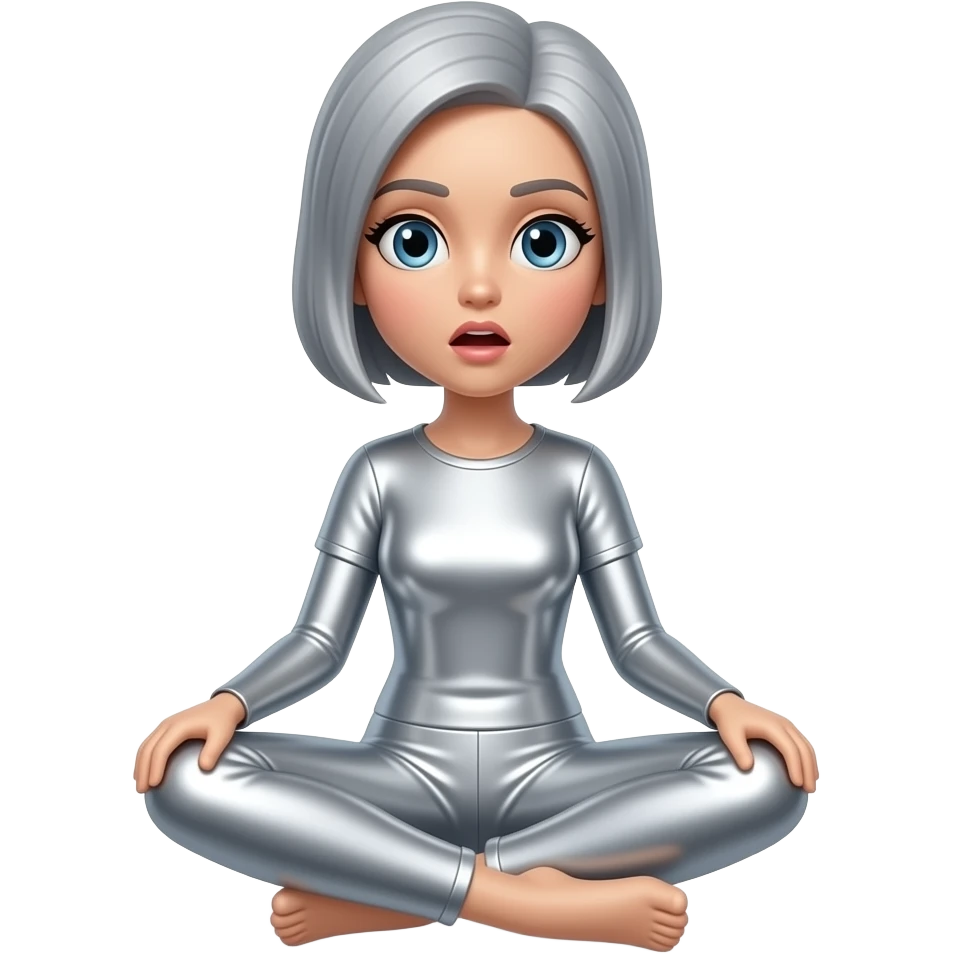 Create an emoji of a seated female figure in metallic silver. The woman is making a surprised expression. The background is white. The final result must have maximum resolution, high contrast, and extreme sharpness. Illustration style: Vintage – Art Deco – 2D emoji