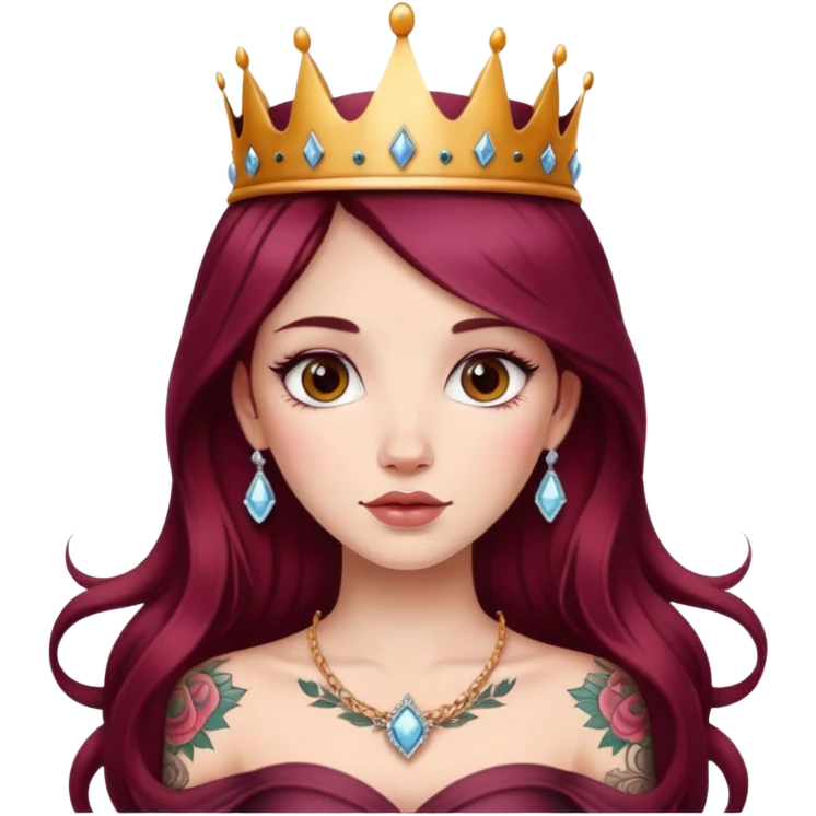 Beautiful tattooed long burgundy haired girl wearing a princess crown emoji