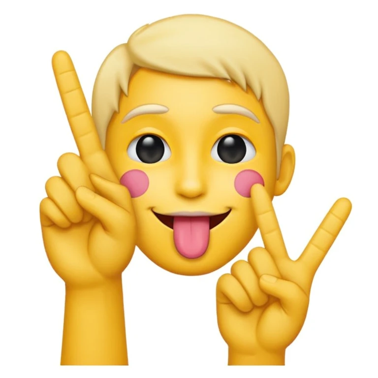 A yellow emoji face with its tongue sticking out
	•	A peace sign hand centered under the tongue
	•	The back of the hand showing (i.e. not the palm) emoji