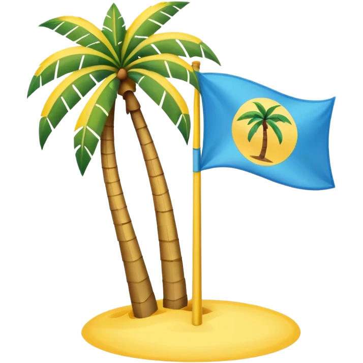 A pink flag in this flag there’s two small blue triangles on the sides In the middle of the circle on the flag a small pink palm tree coming out of the sides  yellow circle with two thick yellow stripes emoji