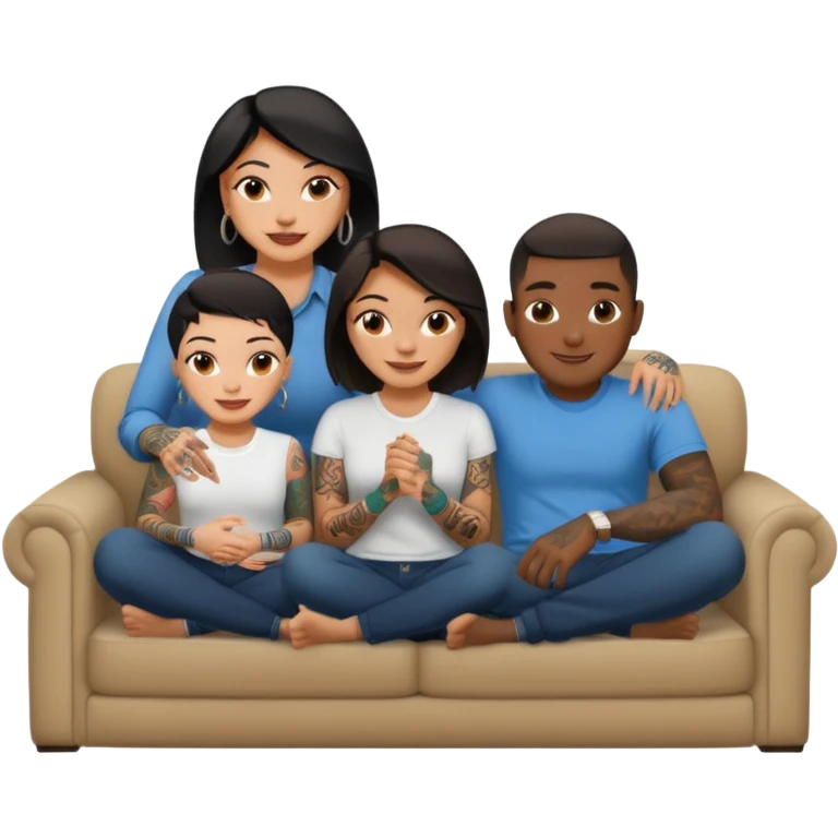 couch, naked people sitting: latina tattoed female, 2 black males emoji