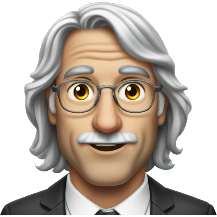 Insane man with long luscious gray hair with airpods steve job lookalike crybaby emoji