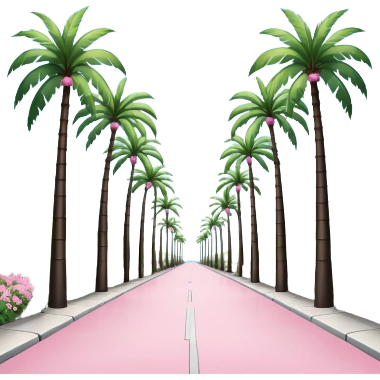 palm tree lined pedestrian pathway with tall green palm trees on both sides, pink flowering bushes, clear blue sky, bright sunny weather with symmetrical perspective view down the road. grey concrete road emoji