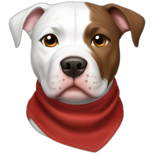 White pitbull dog with brown ears and brown spot on right eye and red bandana emoji